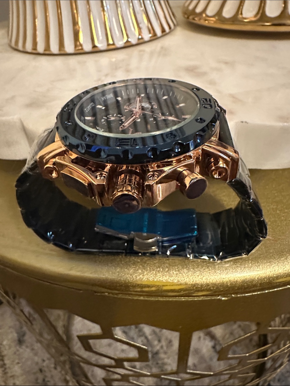 Men's Black and Rose Gold Chronograph Sport Watch